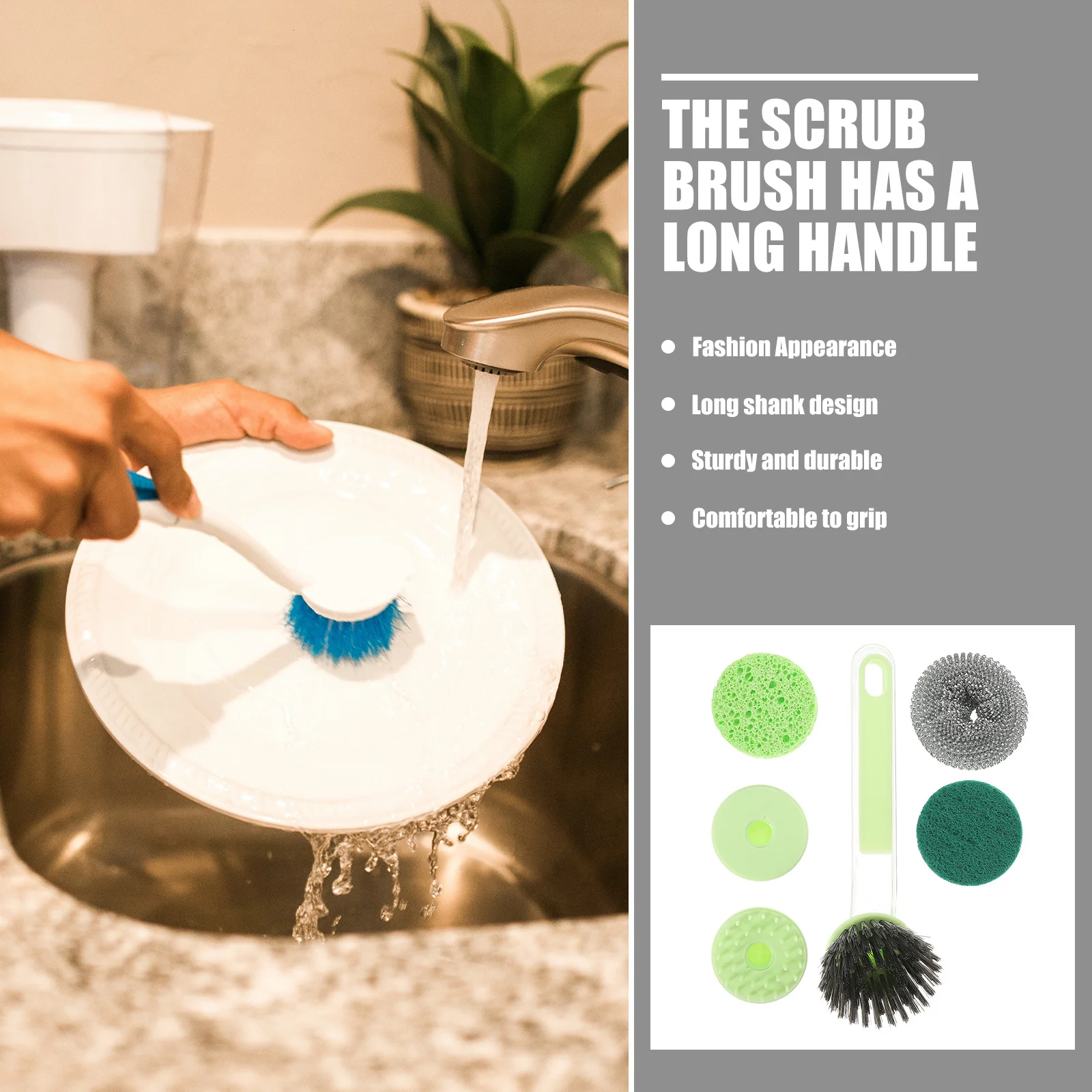 

1 Set Of Long Handle Dish Scrub With Replaceable Heads For Kitchen Pots Pan Countertop Cookware Cleaning Brush Kit Scrub Brush