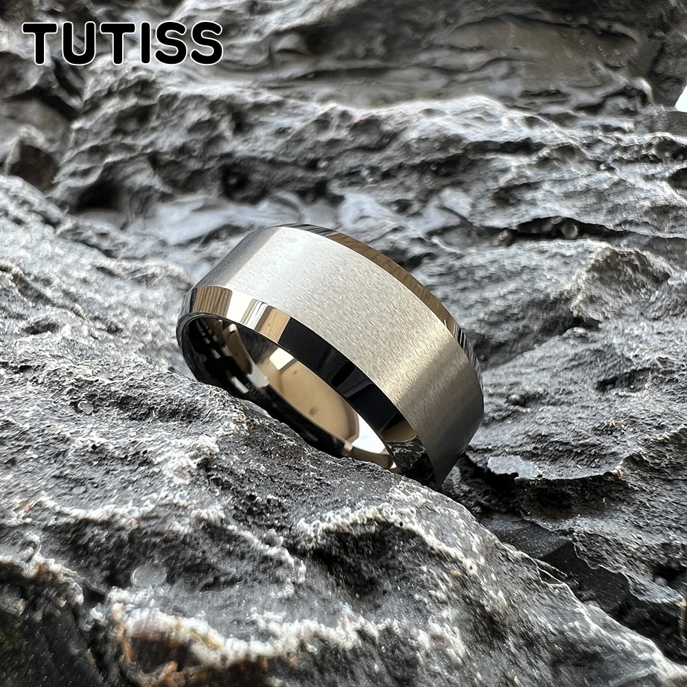 TUTISS 10mm Beveled Edges Matte Finish Gold Tungsten Carbide Ring for Men Women Fashion Engagement Wedding Band