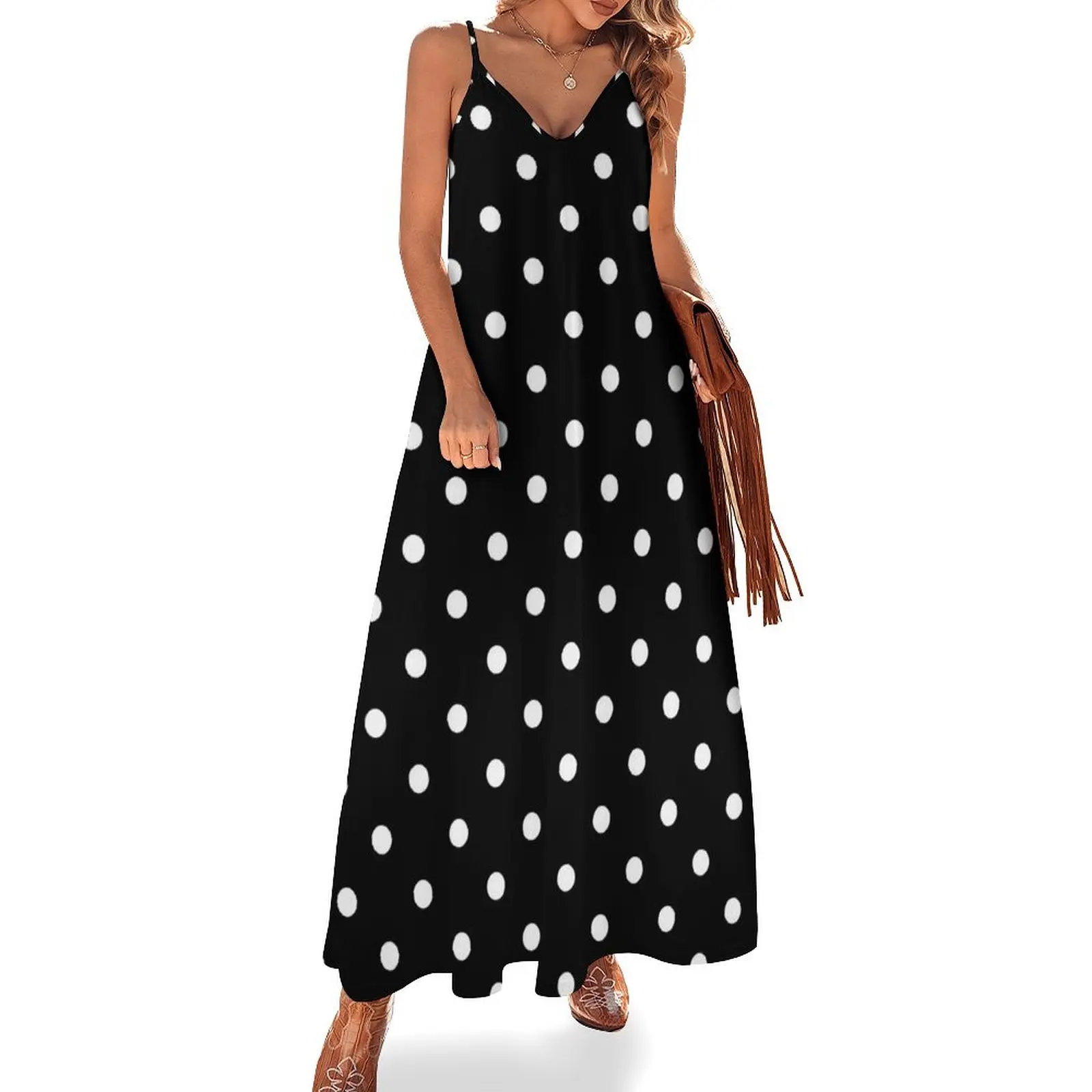 

White Polka Dots on Black Background Sleeveless Dress dress summer clothes for women Female dress