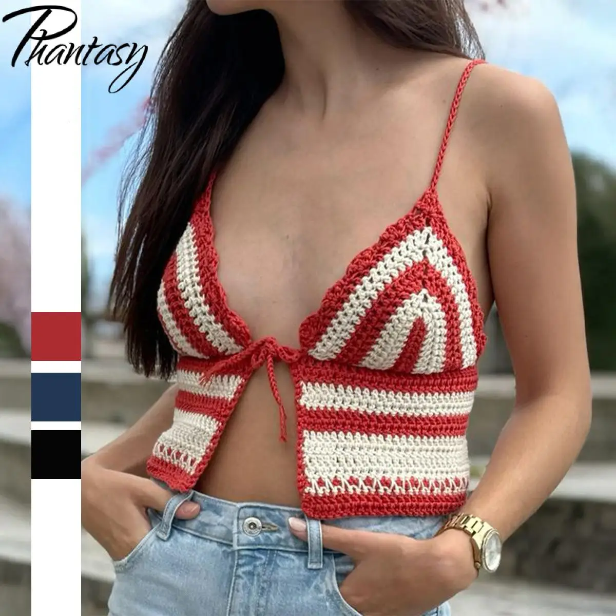 

Phantasy Knitted Short for Tank Top Women Lightweight Crochet Striped Sexy Spice Strap Camisole Women's Clothing 2025 Summer