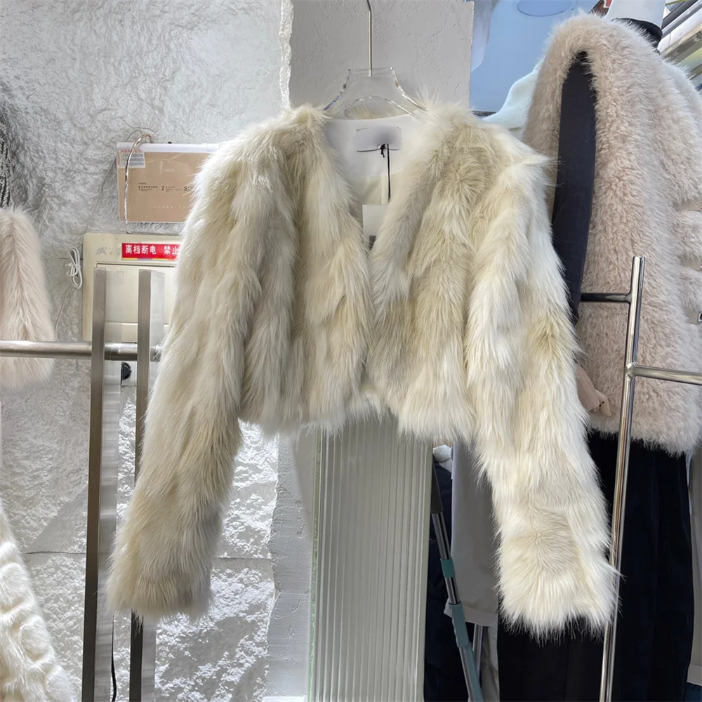 

Женское осенне-зимнее элегантное короткое свободное пальто из искусственного лисьего меха с v-образным вырезом и длинными рукавами, женская уличная одежда контрастного цвета, верхняя одежда из искусственного меха