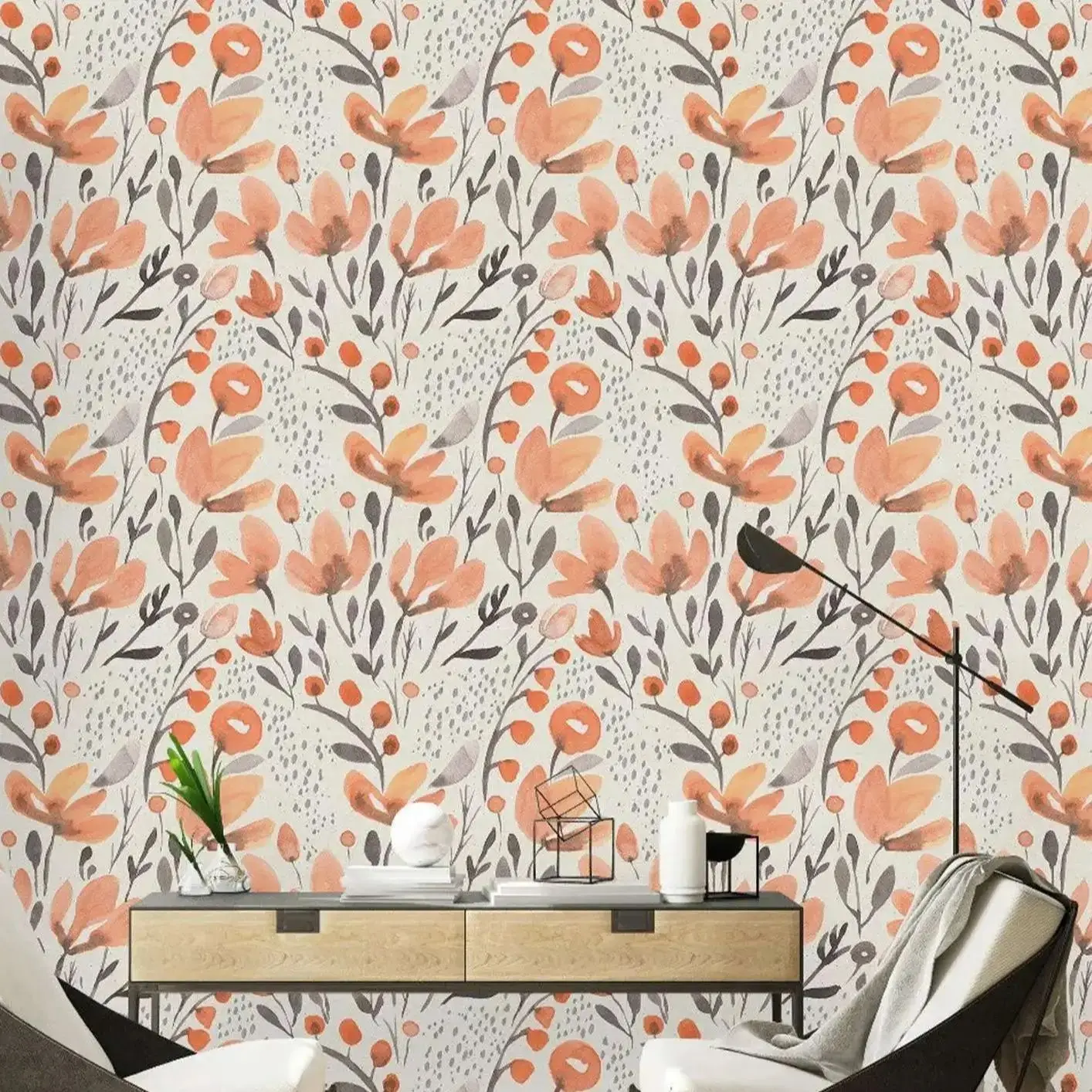 

Orange Floral Peel And Stick Wallpaper,Wild Flowers Wallpaper Roll, Self adhesive Removable Wall Papers Home Deco