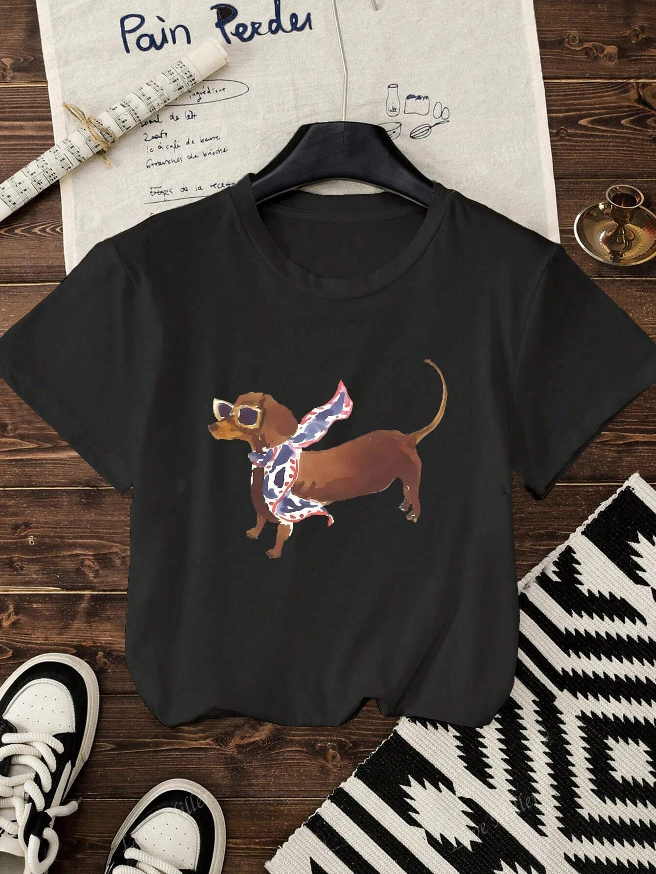 Fun Sausage Dog Printed Cotton T-shirt Summer Women's Leisure Home Travel Tee Round Neck Comfortable Breathable Y2k Top
