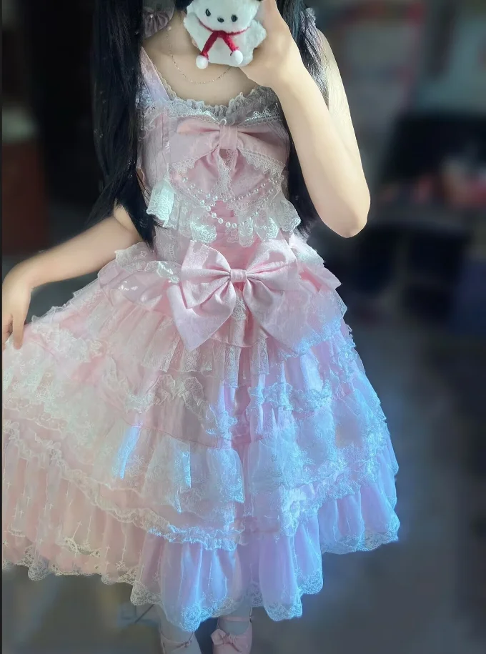 Japanese Style Sweet Lolita Dress Women Cute Lace Ruffles Flower Wedding Bow Dress Vintage Elegant Princess Dress