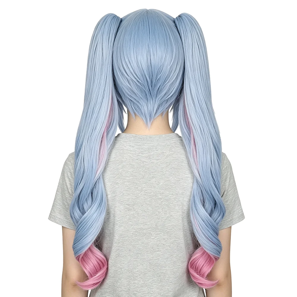 Anime Miku Rabbit Hole Cosplay Wig Sky Blue Pink Ombre Twin Tails Detachable Pigtails Long Wavy Heat Resistant Synthetic Hair view 2