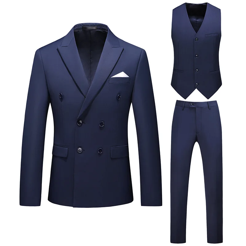 

KIDWHXR Suit Set Man Double-breasted Long Sleeve Blazer Male V-neck Vest Straight-leg Pant Men Solid Color Men 3-piece Outfit
