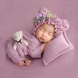 Ylsteed-Conjunto de 4 piezas para fotografía de niña recién nacida, traje con orejas de oso, sombrero con Mini muñeca de oso y almohada para posar, accesorios para fotos infantiles