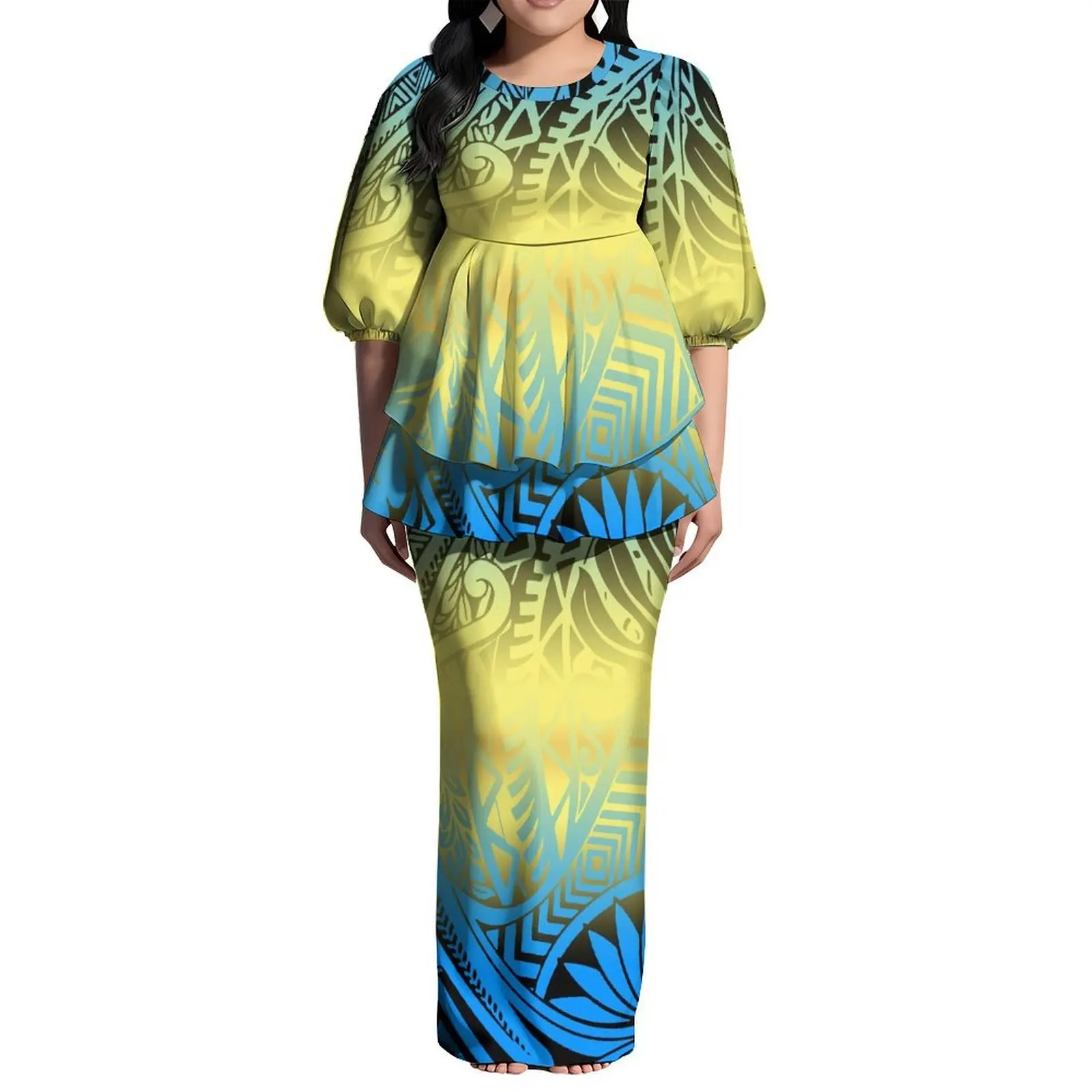 Pacific Art Island Retro Pattern Puletasi Floor-Length Dress Hawaiian Floral Print Cocktail Party Fiji Women'S Evening Dress Set