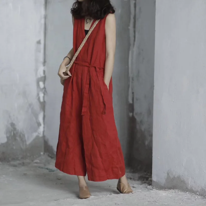 Summer New Japanese Style Minimalist Plus Size Women Cotton Linen Jumpsuit, Loose Elegant Literary Solid Color Casual Pants