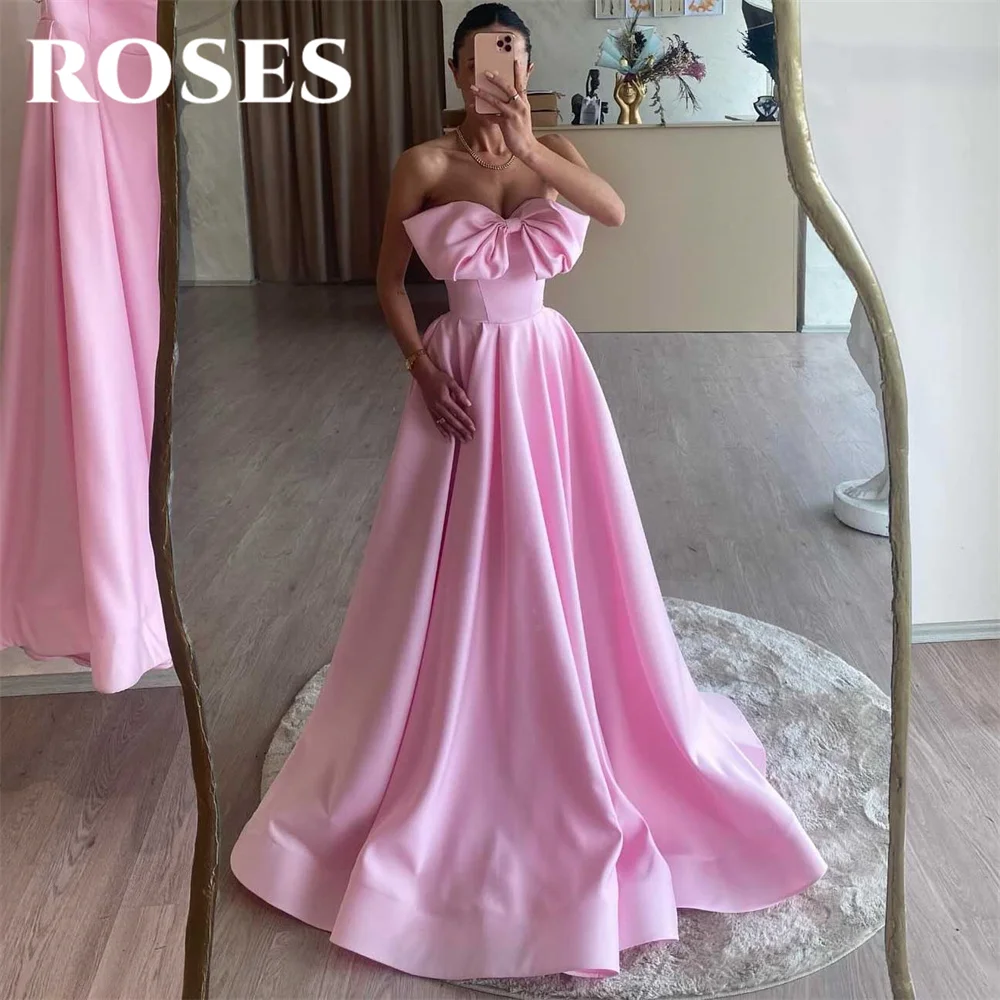 

ROSES Pink Evening Dresses Sleeveless A-Line Party Dresses with Pleats Satin فساتين مناسبة رسمية Sweetheart Bow Prom Dresses