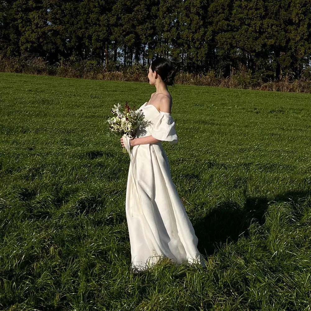 GIOIO-vestidos de novia formales de lujo para mujer, vestidos de novia blancos plisados de manga corta, largos hasta el suelo, elegantes vestidos de fiesta