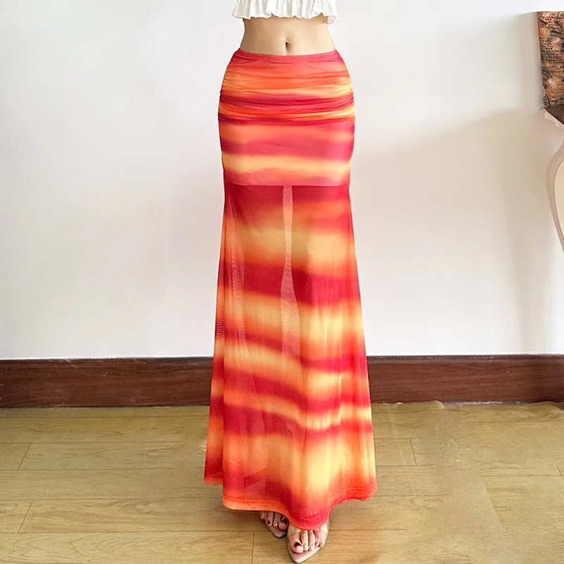 

Spring and summer new style connector fashionable and sexy tie dye striped high waisted skirt
