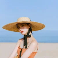 Summer Big Natural Wheat Straw Hats For Women Handmad Wide Brim Beach Visor Caps Elegant Flat Top Long Ribbon Lace-Up Sun Hat - Image 3