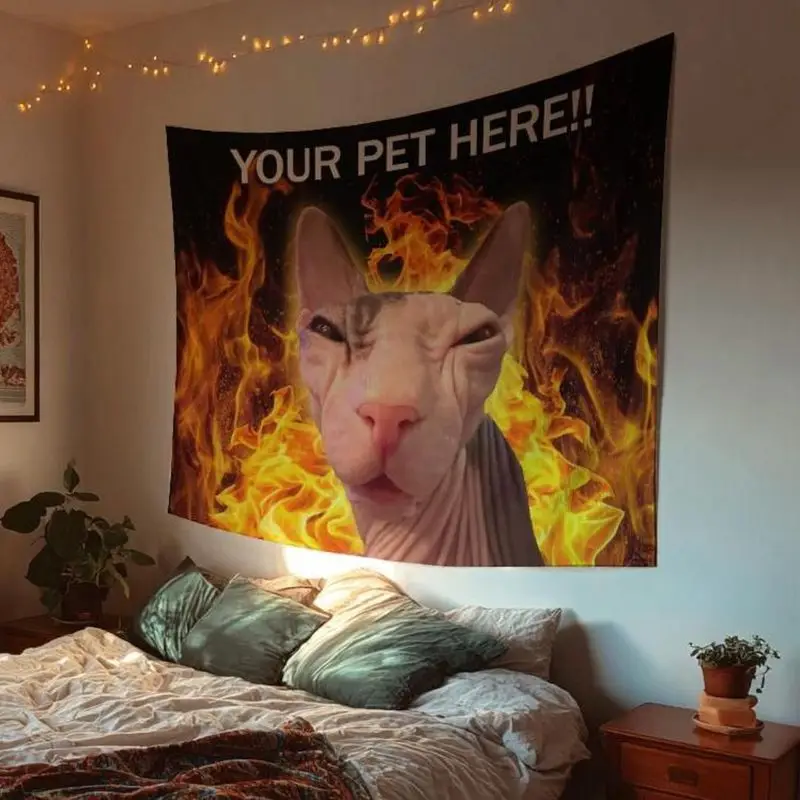 VIKAMA Flame Sphynx Cat Custom Animal Meme Wall Tapestry Black Fire Background Hairless Kitty Funny Humor Your Pet Here Bedroom