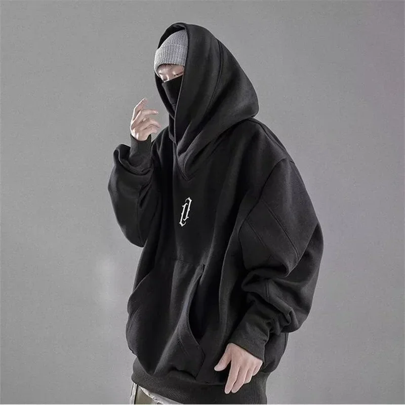 

Autumn Embroidery Turtleneck Men's Hooded Sweatshirt Japanese Ninja Oversized Hoodies Hip Hop Fleece Pocket Streetwear Y2K Hoody