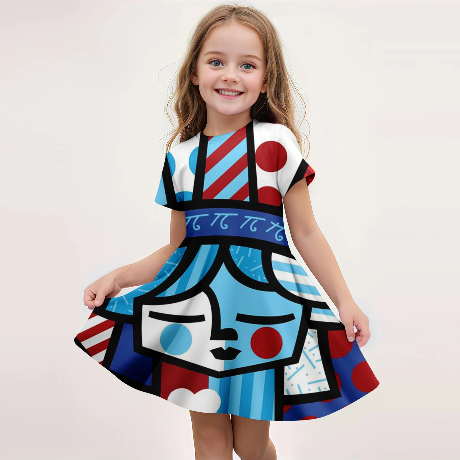 MINISO Abstract Art Fashion New Summer Children's Dress 3D Printed Cartoon Girl Short Sleeve Dress Cute Children's Clothing