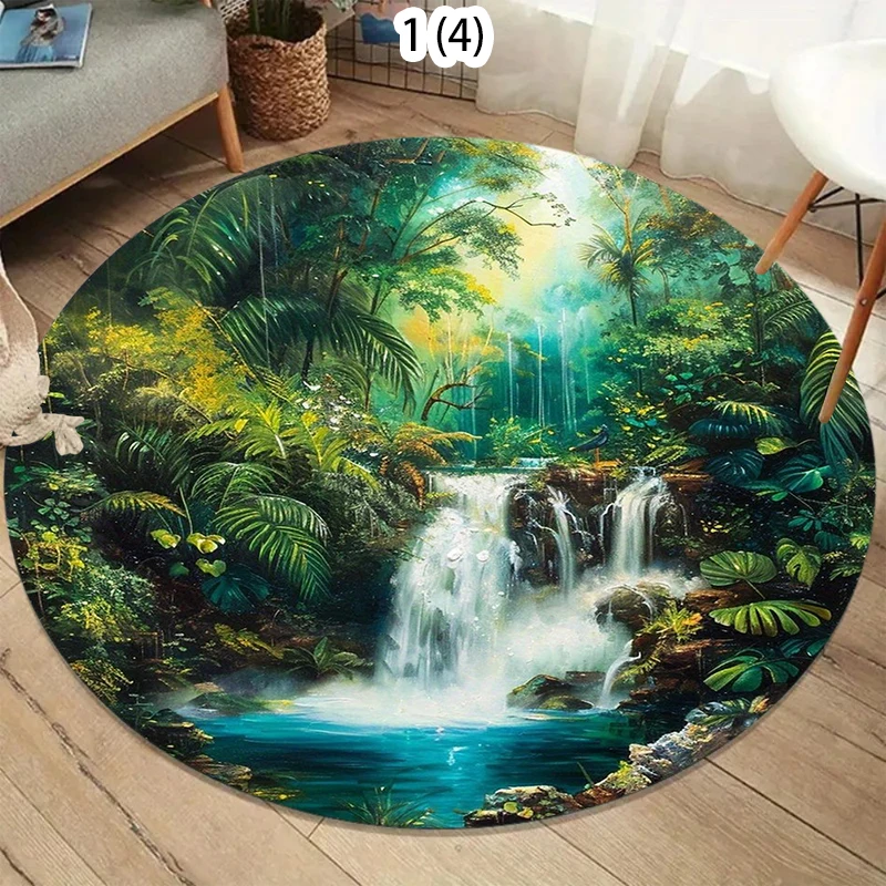 Alfombra Redonda con Diseño de Cascada en la Selva Tropical, Escena Natural Lush, Antideslizante, para Salas de Estar, Decoración del Hogar, Espacios de Bienestar
