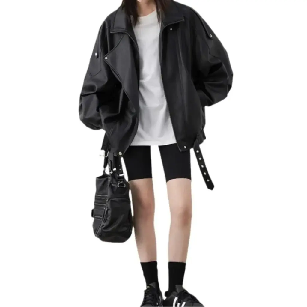 Roaming-Chaqueta de cuero de motocicleta con cuello Vertical Retro para mujer, Top de PU de industria pesada para otoño, nuevo nicho