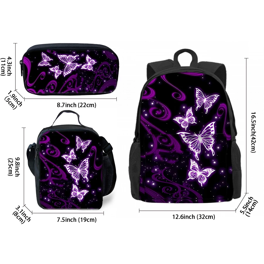 3 Pcs Set Simple Butterfly Lunch Bags ,Pen Bags ,Front Bag Backpack For Boys/Girls Children Best Gifts 2D Cartoon School Bag