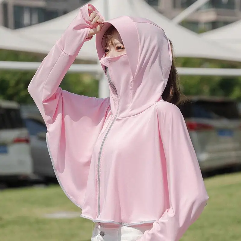Women's Summer New Ice Silk Outdoor UV Protection Clothing Thin Short Outerwear Cowl Neck Shawl Lightweight Polyester Fiber