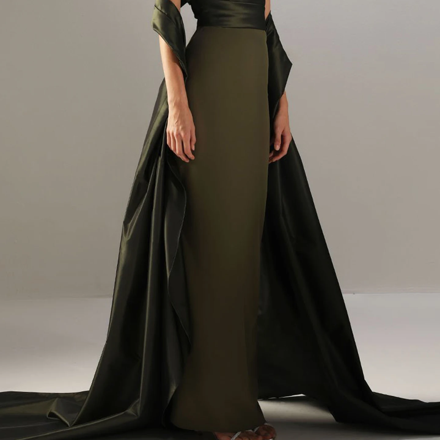Remote Moon Green Strapless Satin Evening Dress with Draped Train Mermaid Floor-Length Wedding Guest Prom Gowns MN633 Customized