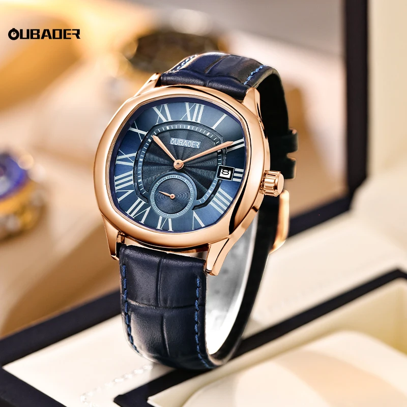 OUBAOER Rose Gold Case Blue Dial Luxury Quartz Wristwatch Waterproof Date Leather Men's Watches Sports Square Casual Male Clocks