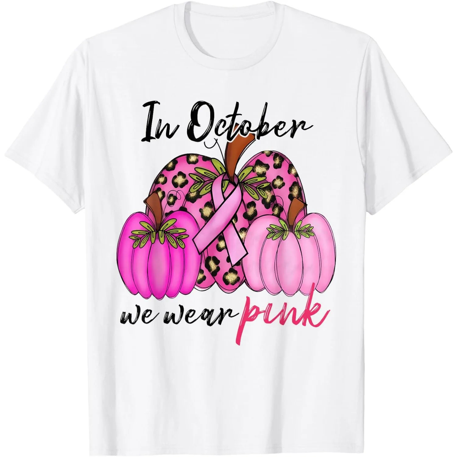 In October We Wear Pink Pumpkin Leopard Breast Cancer Womens T-Shirt