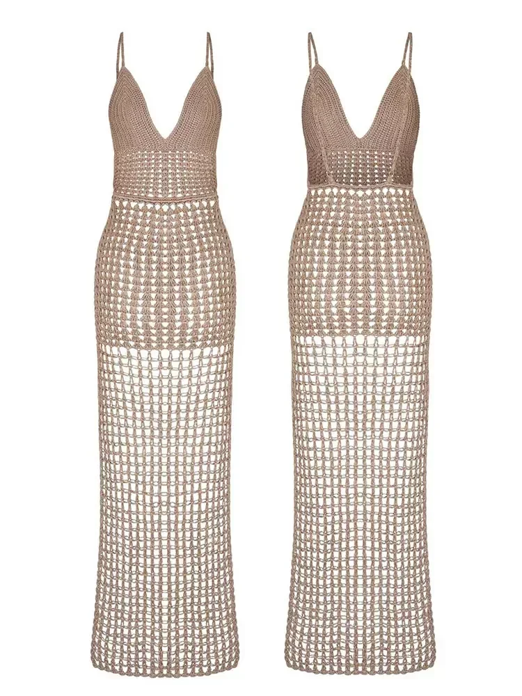 Robe maxi de plage tricotée découpée pour femmes, col en V sexy, licou, décolleté, dos nu, fente latérale, vêtements de plage, vacances d'été, 2024