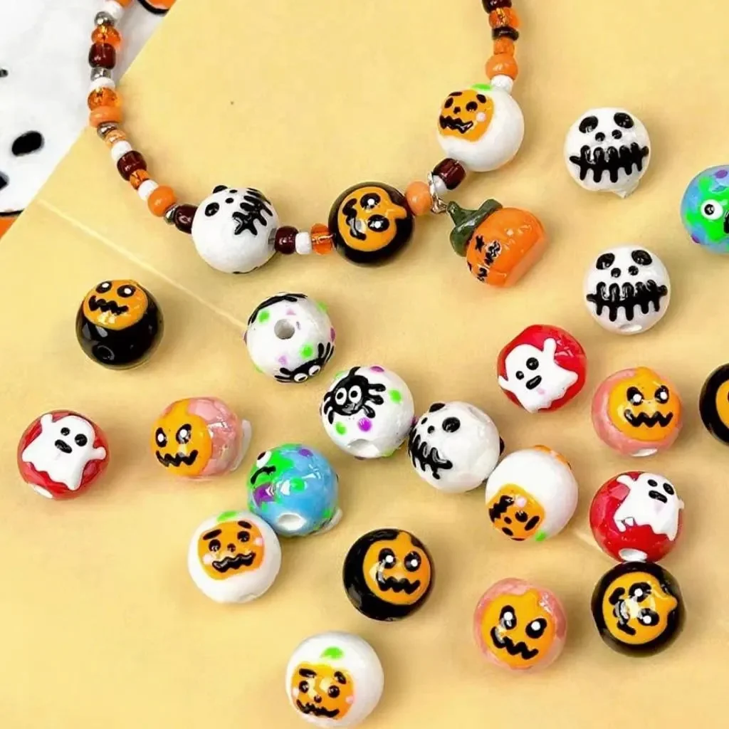 2pcs Halloween Hand-painted Ghost Ceramic Round Beads, Loose Beads for DIY Bracelet Necklace Jewelry Making Supplies