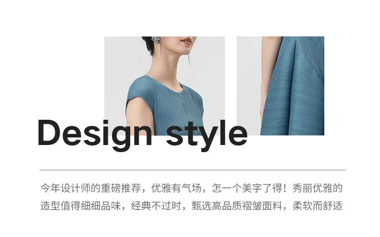Miyake Plissiertes Damenkleid in Blau, A-Linie, Elegantes Kurzarm-Kleid, Locker Geschnitten, Knitterfrei, Sommerliches Lässiges Mode-Langkleid – Detail 9