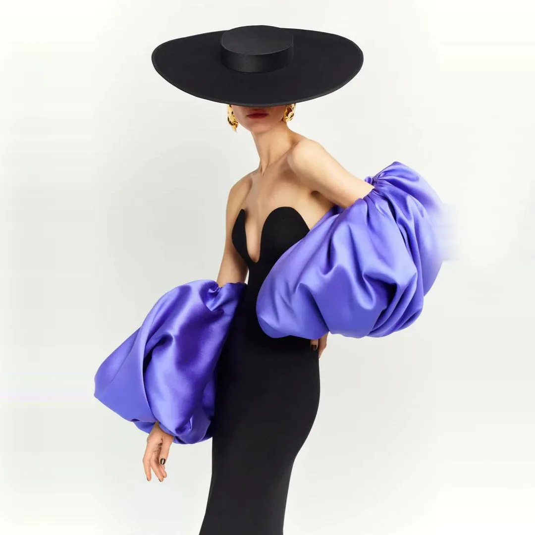 

Purple Satin Bubble‑Sleeve 2025 New, Hot Sale, Trendy Winter Fashion, Elegant Party Wear, High Street Look Fluffy Formal Sleeves