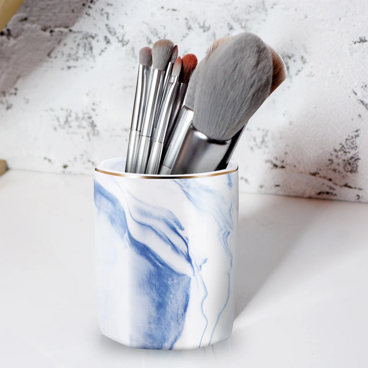 

Marbling Pen Holder -edged Ceramic Makeup Brush Container Desktop Organizer Pencil Holder (Blue)