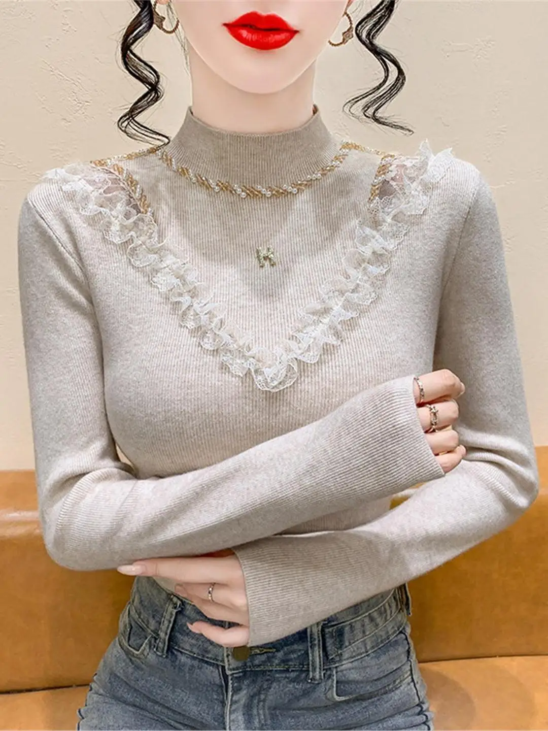 

Уникальная кружевная трикотажная основа irt, женская осенне-зимняя футболка с высоким воротником, длинная блестящая внутренняя одежда T Top