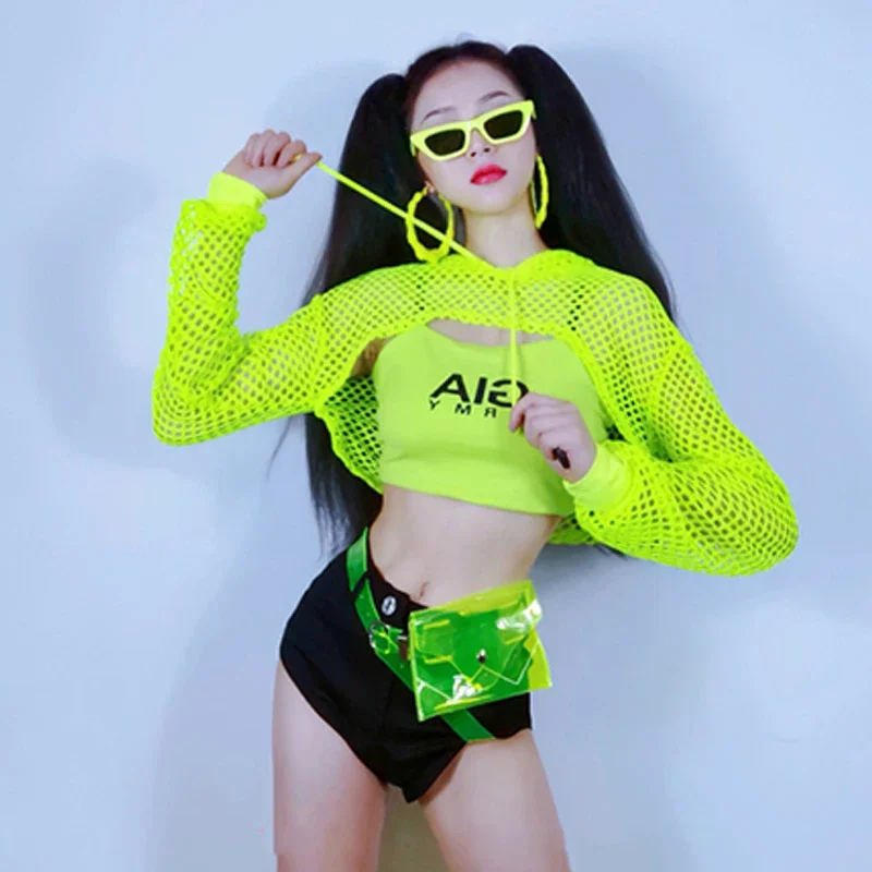 Fluorescence Green Net Tops Vest Jazz Hip-Hop Dance Clothes For Women Nightclub Dj Show Costumes Gogo Dancer Outfits DNV15341