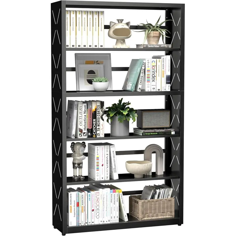 

5 Tier Bookshel, 55"Tall Metal Bookcase with Adjustable Shelves, ern Display Book Shel, Black Bookcase Shel, Utility Shel, Stora