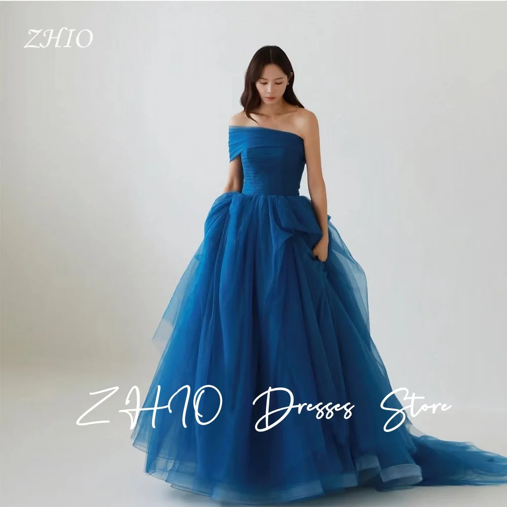 

ZHIO Princess Blue Wedding Dress Detachable Shawl Strapless Multi-layered Tulle Train Korea Photo Shoot Bridal Gown Customized
