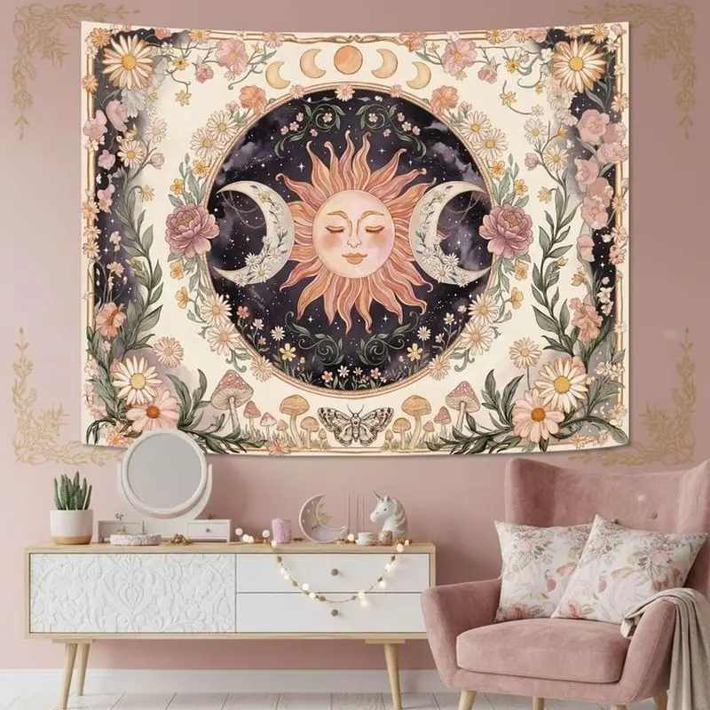 VIKAMA Mystical Sun Moon Mushroom Wall Tapestry Black Background Center Face Lunar Phase Crystal Flower Star Occult Boho Decor