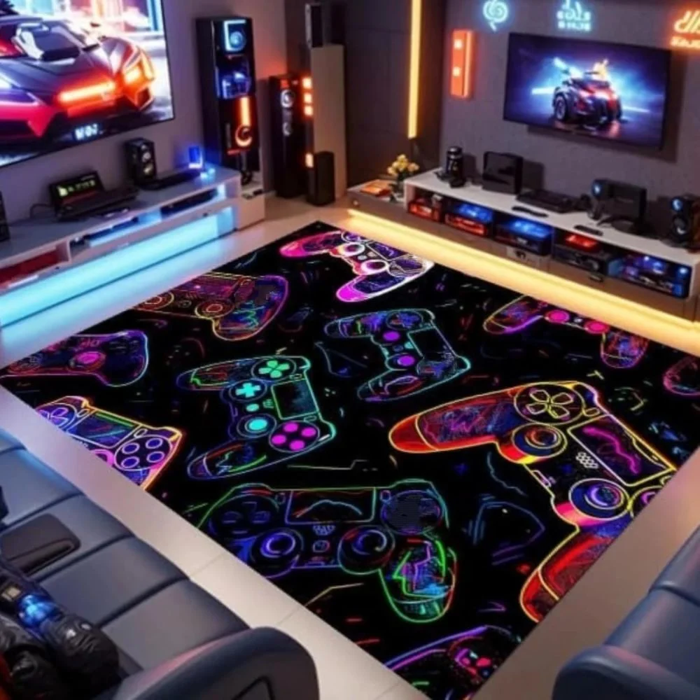 VIKAMA Neon Game Controller Living Room Carpet Non-Slip Wear-Resistant Gaming Chair Mat Game Room Bedroom Carpet Home Decor