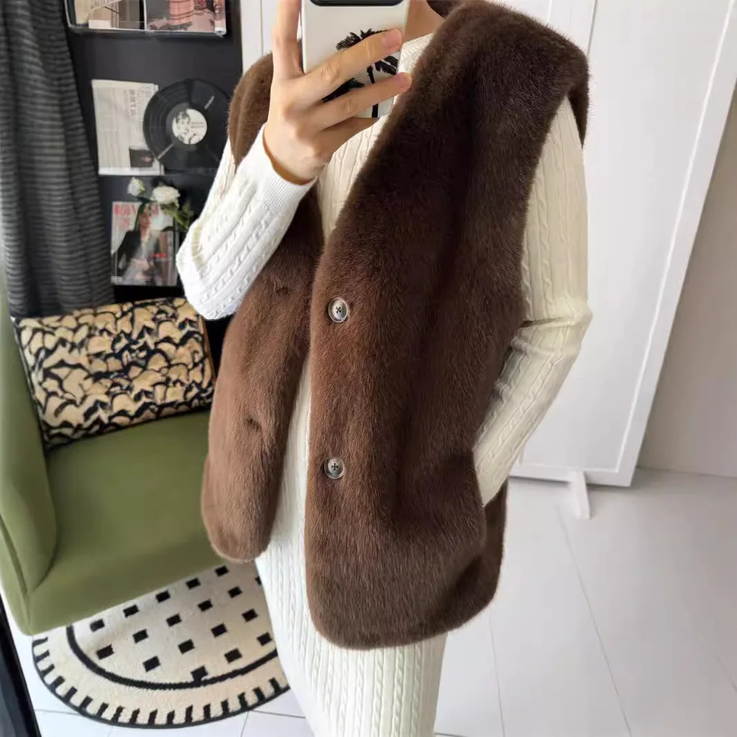 

Роскошный жилет из искусственного меха, корейская мода, женский зимне-осенний дизайн, однотонный женский жилет высокого качества из искусственного меха без рукавов