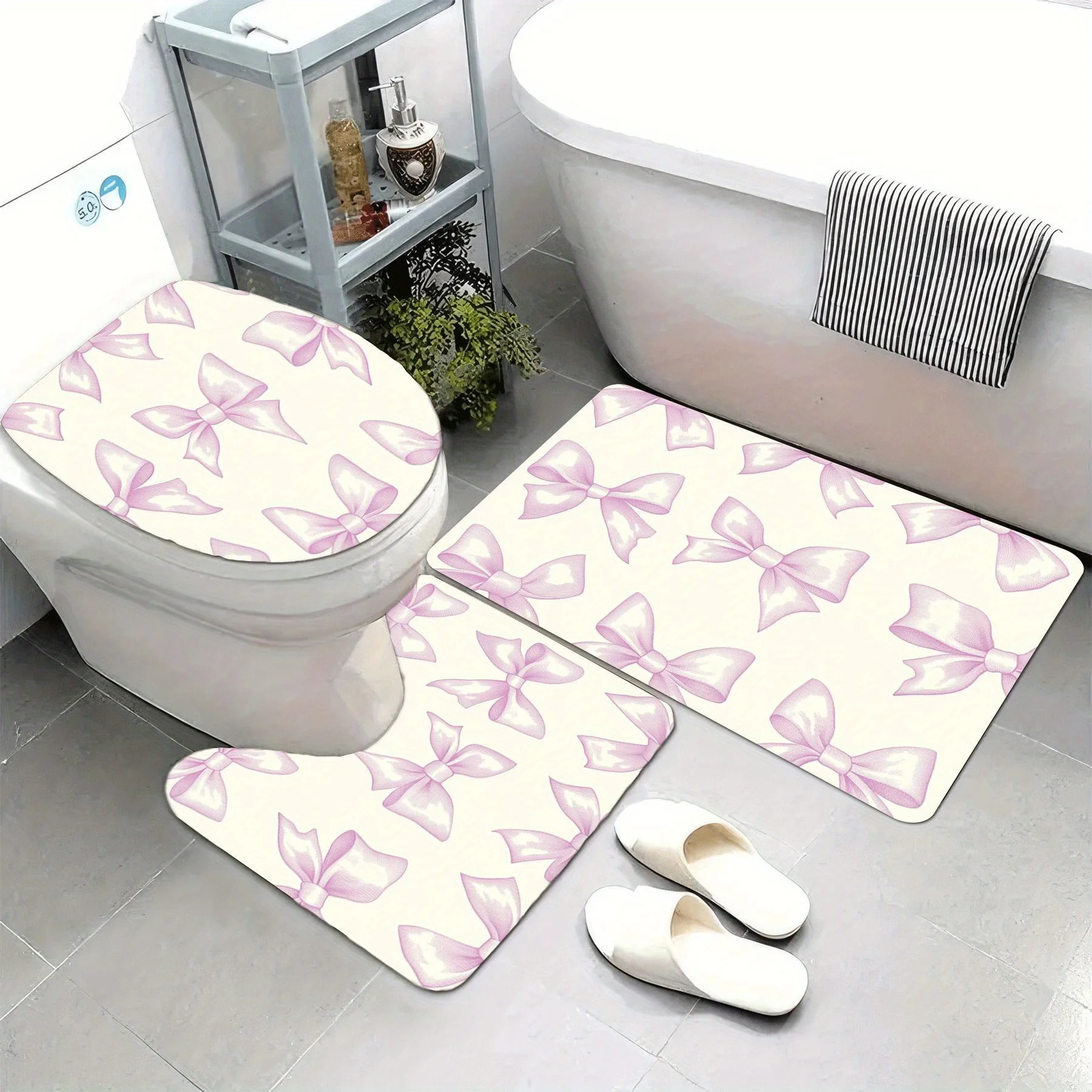 

3pc Pink bow pattern bathroom set, U-shaped mat, non-slip mat, toilet seat cover, suitable for bathroom decoration.