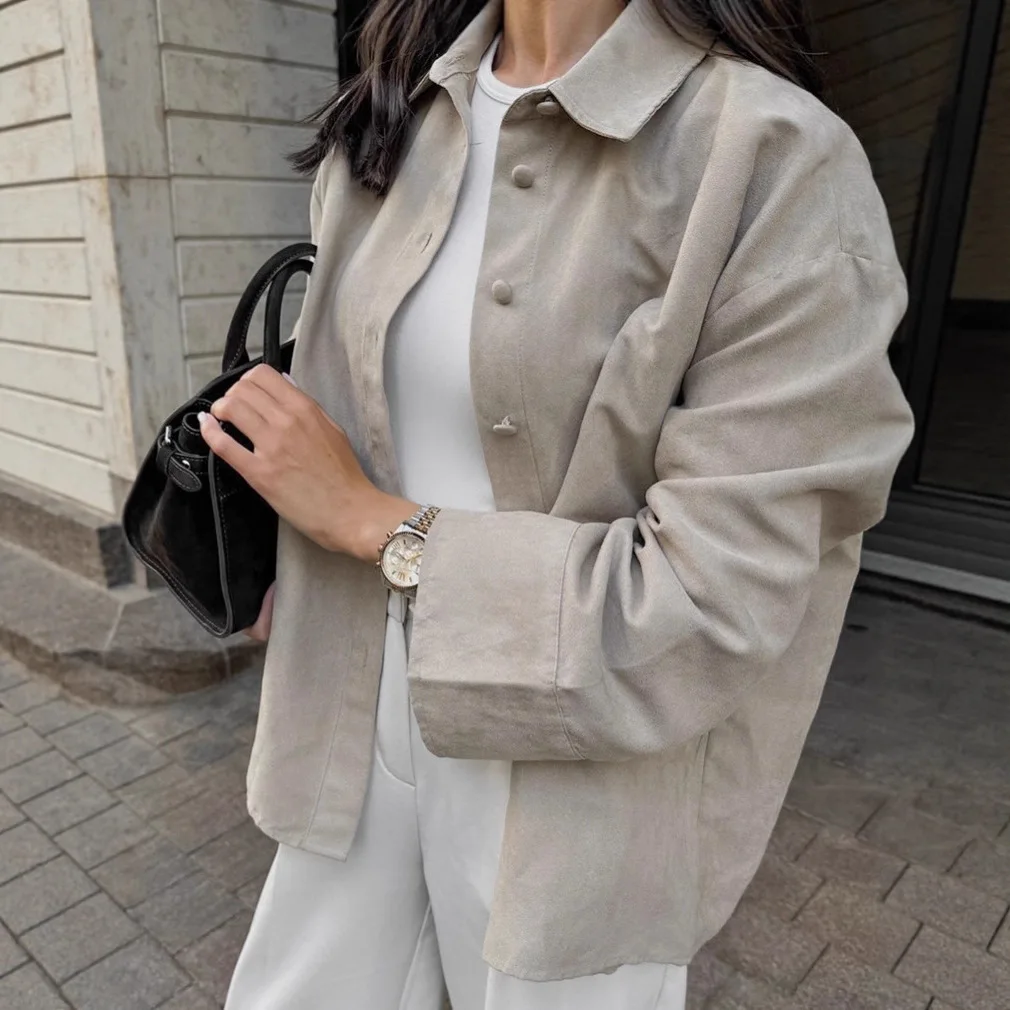 

Khaki Autumn Women's Suede Jacket Turn Down Collar Single Breasted Drop Shoulder Coat For Female Commuting Lady's Baseball Coat