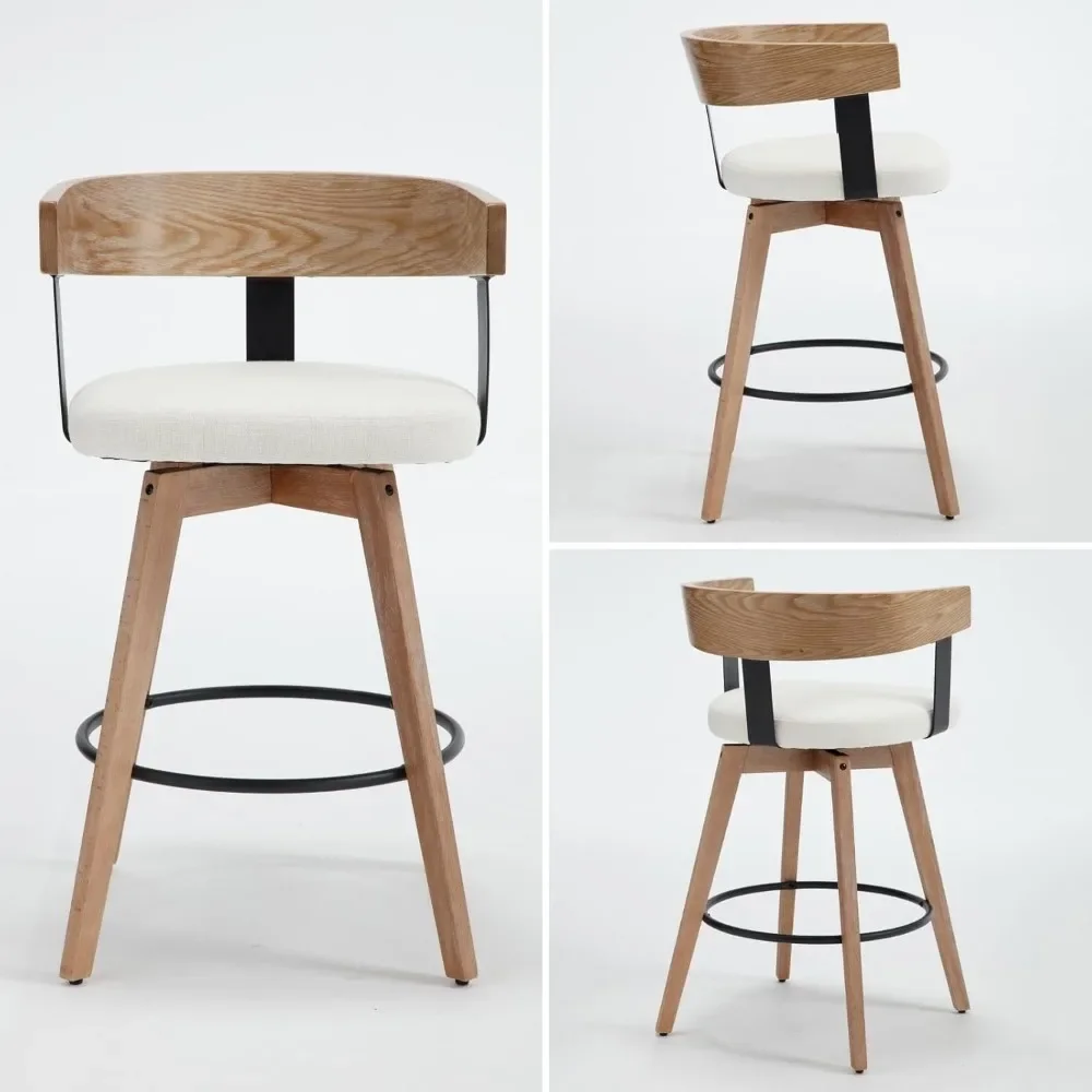 Bar Stools Set of 3-26" Counter Height Bar Stool with Footrest - Modern Wood Barstools with Linen Upholstered Seat - White