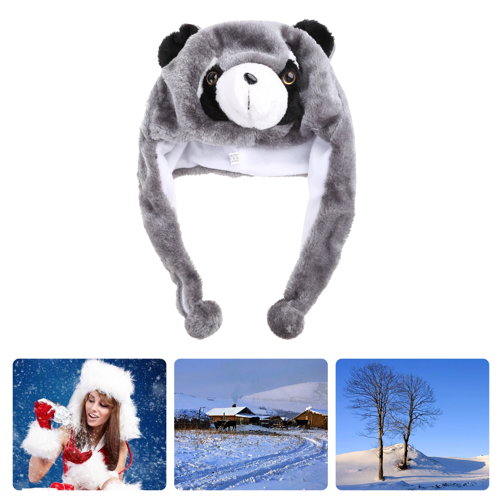 Winter Warm Raccoon Animal Hat Plush Pompom Cosplay Earflap and Fuzzy Snow Ski Beanie Cap