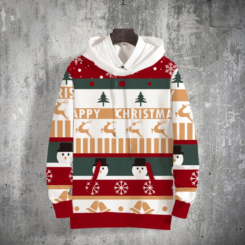 

Fashion Christmas Elements Hoodies For Men 3D Print Elk Snowman Graphic Long Sleeve Tops Loose Casual Comfortable Hooded Clothes