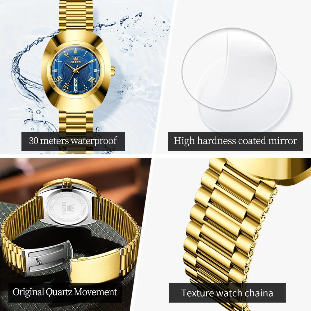 OLEVS Original Golden Quartz Watch for Women Fashion Elegant Tungsten Steel Waterproof Wristwatches Luxury Square Ladies Watch