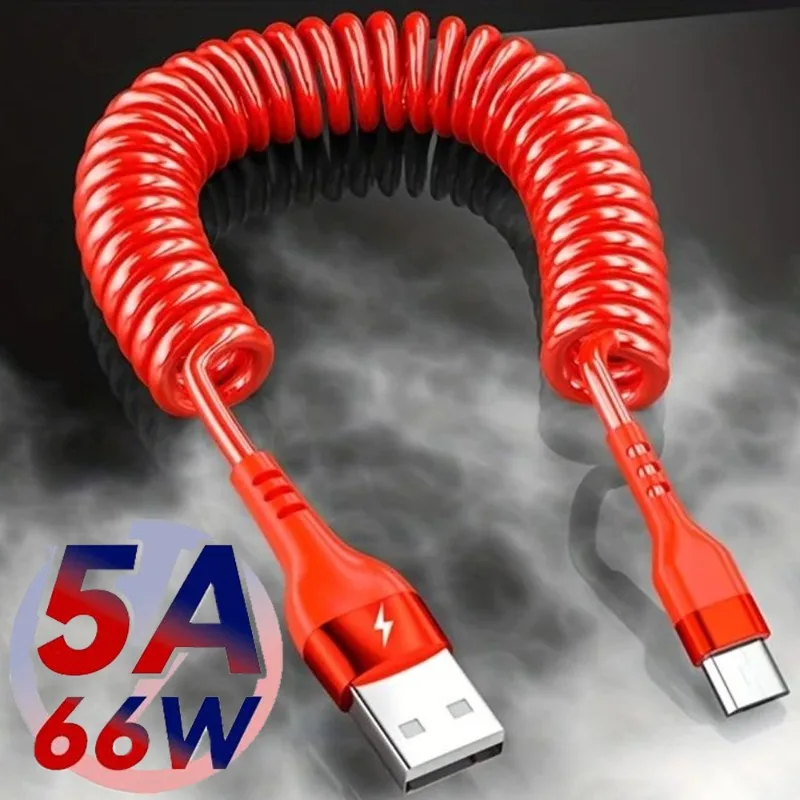 Retractable USB-C Cable 5A Fast Charger Data Wire Car Spring Type C Coiled Cable for Universal Android Pull Telescopic USB Cord