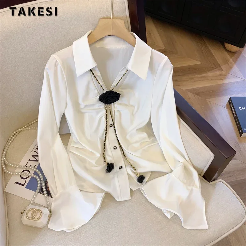 

2024 Spring Hotsweet Style Turn-down Collar Long Sleeve Sheath Coquette Blouses Women's Fashion Casual Gyaru Solid White Shirts