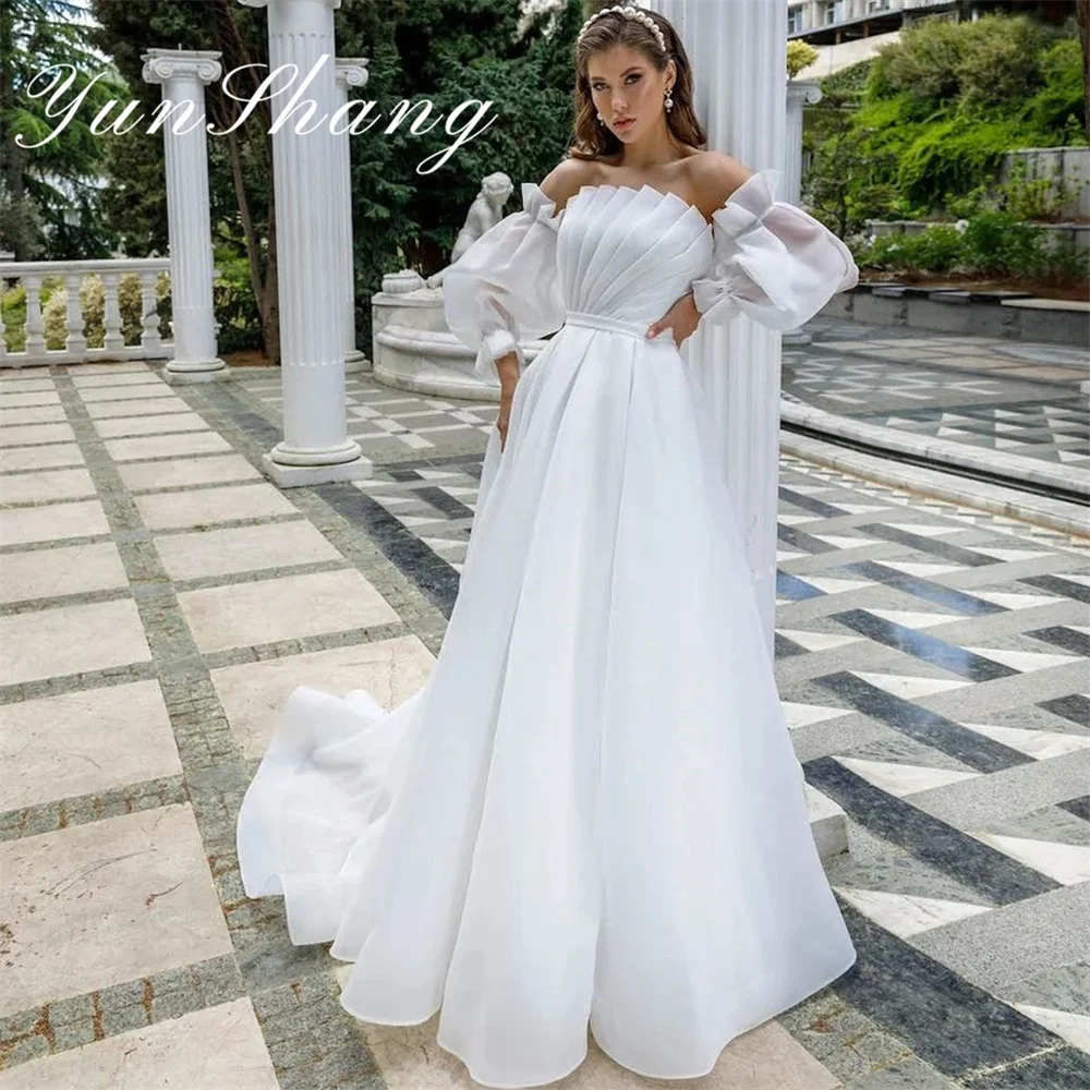 

Yunshang Elegant Wedding Dress A-Line Strapless Long Sleeve Pleat Bow Organza Open Back Bridal Gown Sweep Train Vestido De Novia