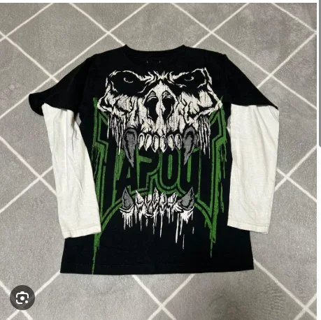 Y2K Tapout Fake Two-Piece Tops Mens Hip-Hop Gothic Street Clothes American Trend Unisex Long-Sleeved Casual Fashion Baggy Tops