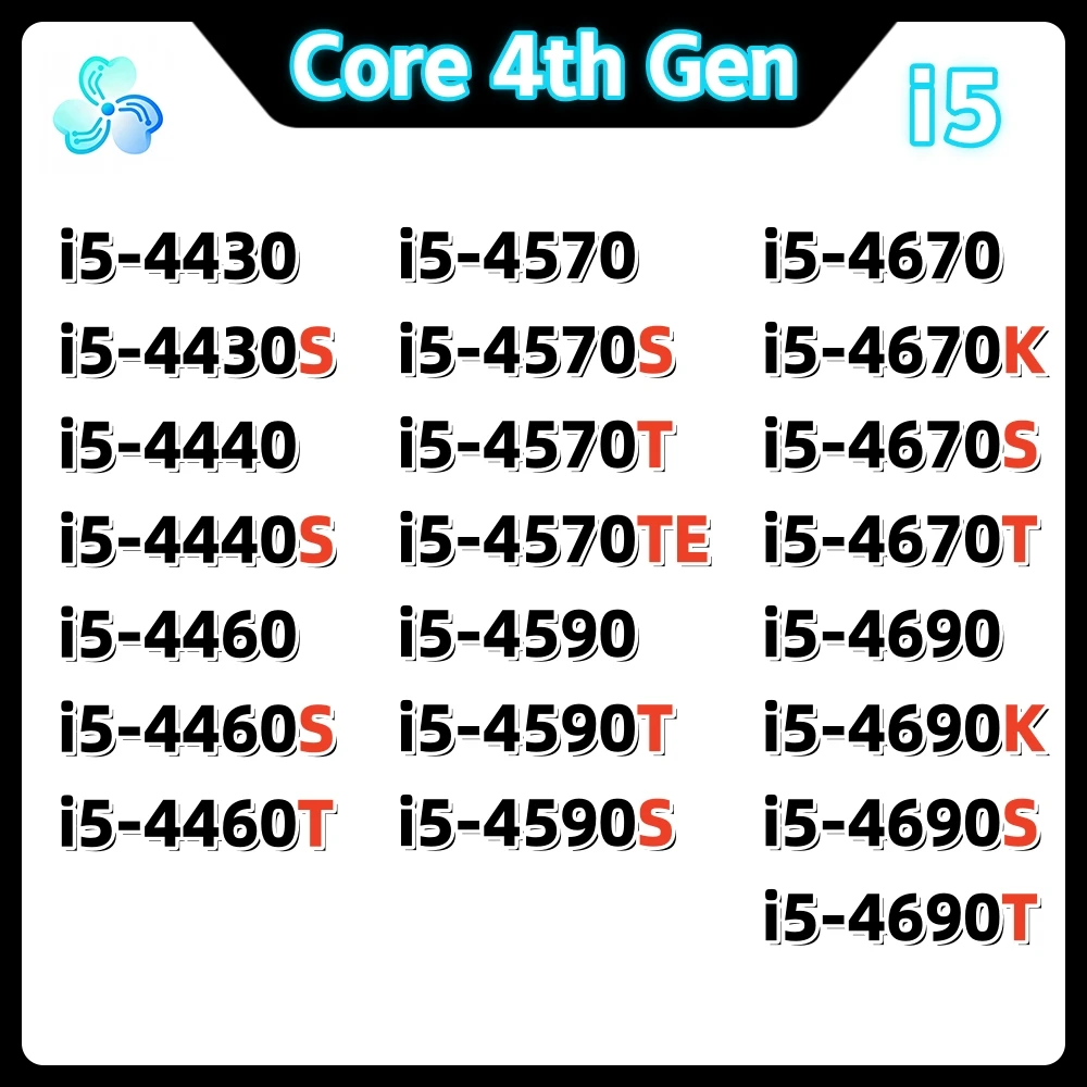 Core i5 4430 4430S 4440 4440S 4460 4460S 4460T 4570 4570S 4570T 4590 4590T 4590S 4670 4670K 4670S 4670T 4690 4690K 4690S 4690T